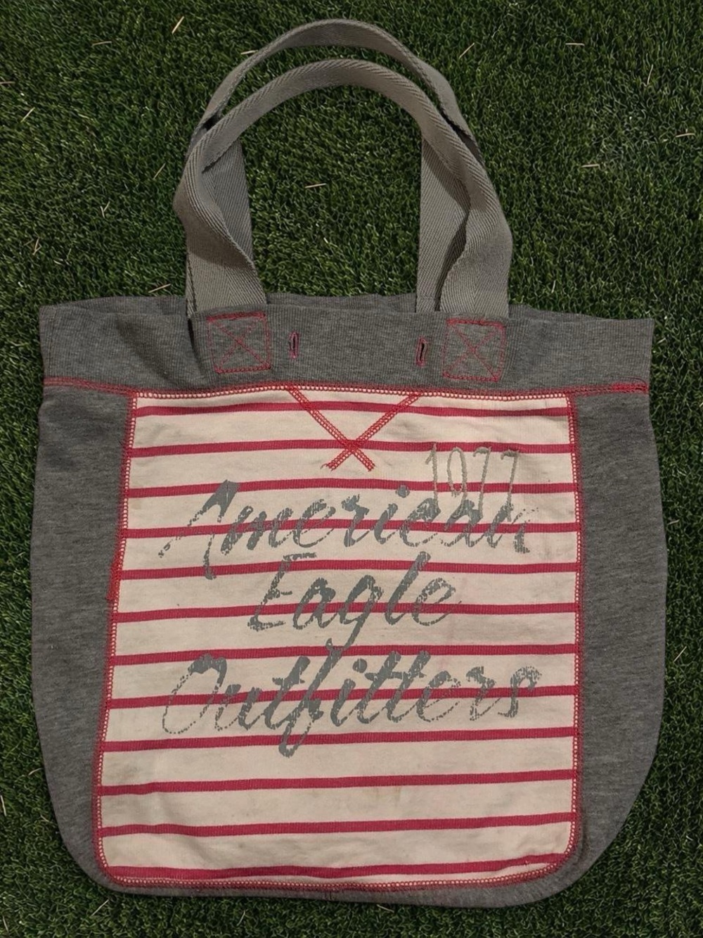 American Eagle Outfitters Gray and Pink Striped Canvas Tote Bag